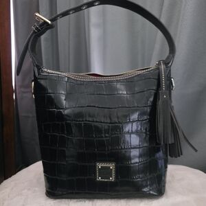 Dooney & Bourke Black Croc-Embossed Leather Shoulder Bag with Tassel